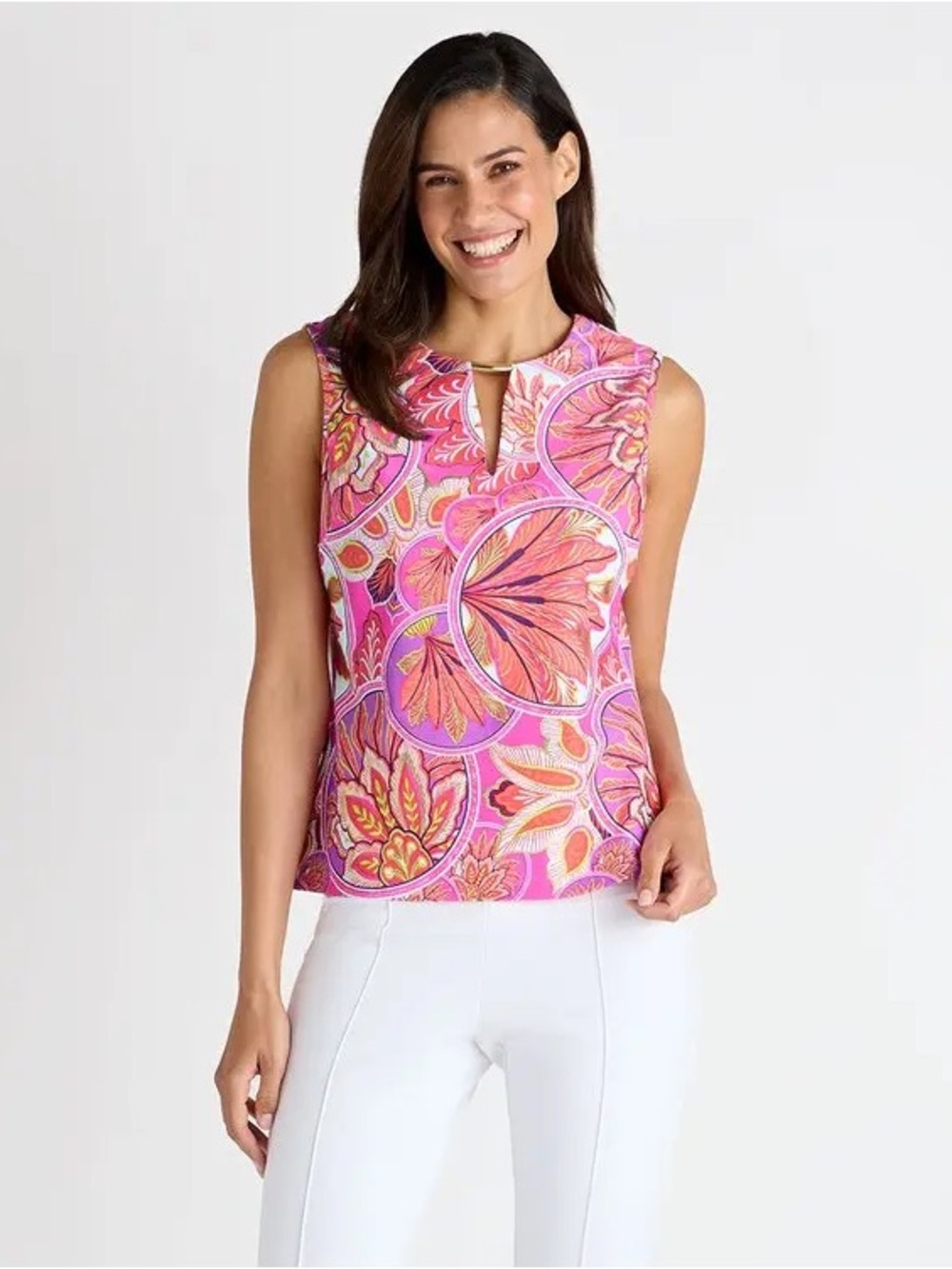 Jude Connally Reese Pink Floral Print Sleeveless Gold Bar Tank Top Size Small